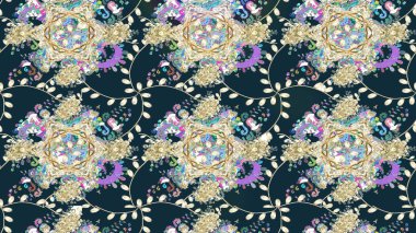 Güzel, parlak, pürüzsüz kumaş, tuval. Eski moda arka plan. Raster illüstrasyonu. Kıvırcık, parlak örgü. Çiçek çelengi. Desen, çizim, çiçek sınırı..