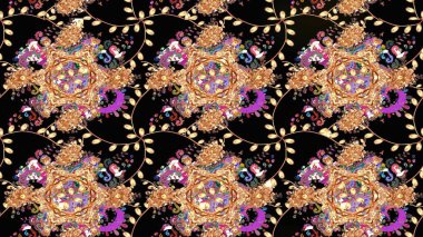 Retro tekstil tasarım koleksiyonu. Siyah üstüne siyah. 1950-1960 motifleri. El çizimi çiçek unsurları olan soyut çizim raster deseni. Çiçekli ipek eşarp..