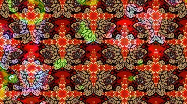 Parlak renkli çiçekli ve kırmızı yapraklı harika bir çiçek deseni. Moda baskıları için zarif bir şablon. Modern çiçek arkaplanı. Halk stili.