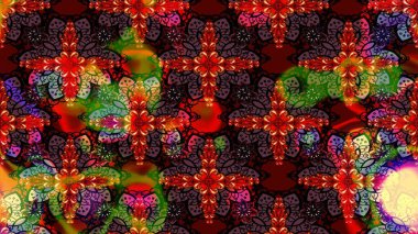 Parlak renkli çiçekleri ve kahverengi renkli yaprakları olan harika bir çiçek deseni. Moda baskıları için zarif bir şablon. Modern çiçek arkaplanı. Halk stili.