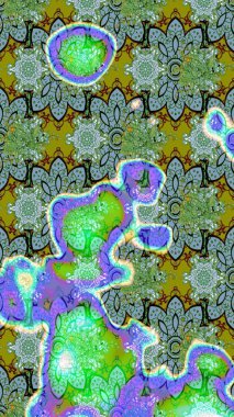 Yeşil renkli etnik çiçeklerle süslenmiş zarif bir eskiz şekli. Asya Tekstil 'inde Raster Çiçek İllüstrasyonu.