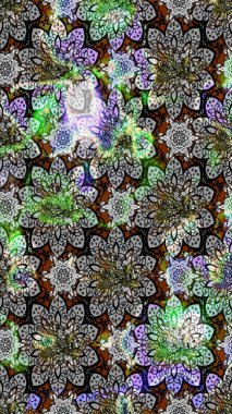 Raster illüstrasyonu. Gri renkli Asya tekstili. Çiçek desenini çiz.