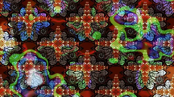 Çiçekler. Soyut etnik raster çizim kalıbı. Vadinin çiçekleri kahverengi renklerde.