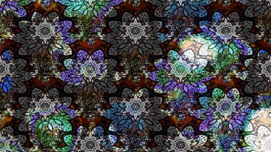 Desen, çizim, çiçek sınırı. Çiçek çelengi. Güzel, parlak, pürüzsüz kumaş, tuval. Kıvırcık, parlak örgü. Eski moda arka plan. Raster illüstrasyonu.