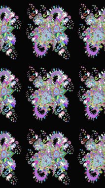 Siyah renkler ve parlak çiçekler üzerine soyut çizim deseni. Çiçeksel elementlerle süslenmiş zarif raster dokusu. Küçük çiçekte şirin bir çiçek deseni var..