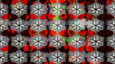 Renkli desenli eskiz deseni, siyah çiçekler ve dekoratif elementlerle. Eskiz geçmişi. Raster illüstrasyonu. Kumaş, tekstil, duvar kağıdı baskısı için. Antika retro tarzı.