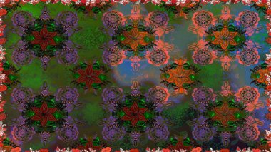 Güzel kumaş deseni. Asya tekstil tarzında. Düz Çiçek Elementleri Tasarımı. Raster illüstrasyonu. Renkli Bahar Temalı Kusursuz Arkaplan. Kusursuz çiçek deseni.