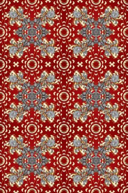 Raster altın tekstil baskısı. Kusursuz desenli oryantal süs. Kırmızı ve gri renklerdeki altın desenli altın elementler. Çiçek kiremitleri. İslam tasarımı.