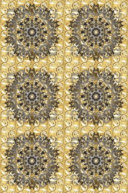 Kusursuz raster arka plan. Duvar kâğıdı barok, İspanyol kumaşı. Bej, gri ve kahverengi renklerde altın elementler. Çiçek deseni. Şekil grafik deseni.