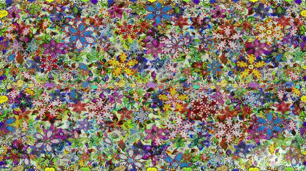 Raster - stok. Kusursuz bir arka plan modeli. Yapraklı çiçekler ve kır ve nötr renklerde papatya çiçekleri..