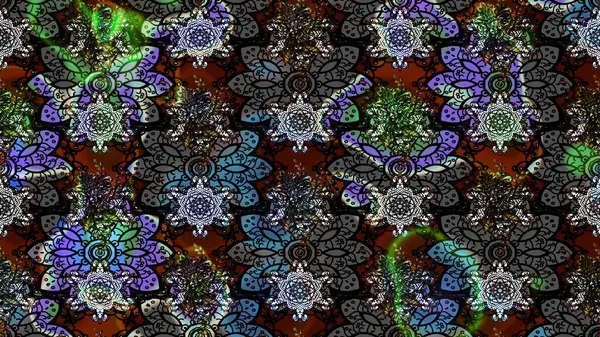 Renkli desenli eskiz deseni, siyah çiçekler ve dekoratif elementlerle. Eskiz geçmişi. Raster illüstrasyonu. Kumaş, tekstil, duvar kağıdı baskısı için. Antika retro tarzı.