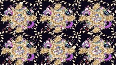 Renkli süs kenarı. Çizim kalıbı. Siyah renklerde. Raster illüstrasyonu. Hint süsü. Çiçek duvar kağıdı.