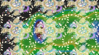 Yeşil renkli bitkilerden oluşan parlak çiçekli çizim deseni.