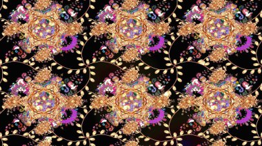 Parlak renkli çiçekli ve siyah yapraklı harika bir çiçek deseni. Halk tarzı. Moda baskıları için zarif bir şablon. Modern çiçek arkaplanı.