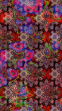 Çiçeksel elementlerle süslenmiş zarif raster dokusu. Kahverengi renkler ve parlak çiçekler üzerine soyut çizim deseni. Küçük çiçekte şirin bir çiçek deseni var..