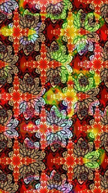 Raster illüstrasyonu. Renkli çizim kalıbı. Çiçek duvar kâğıdı. Çiçek arkaplan. Kırmızı renklerde şirin tekstil.