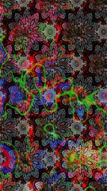 Çiçek desenli çizim. Siyah renkli Asya tekstili. Raster illüstrasyonu.