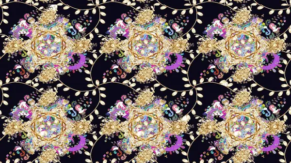 Renkli süs kenarı. Çizim kalıbı. Siyah renklerde. Raster illüstrasyonu. Hint süsü. Çiçek duvar kağıdı.