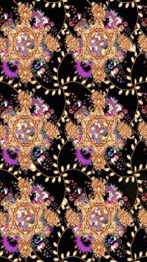 Çiçekli ipek eşarp. El çizimi çiçek unsurları olan soyut çizim raster deseni. 1950-1960 motifleri. Retro tekstil tasarım koleksiyonu. Siyah üstüne siyah..