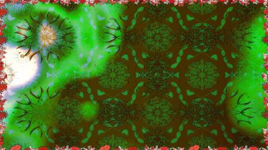 Raster. Yeşil ve kahverengi renkte güzel çiçekler, suluboya desenli, duvar kağıdı, kart ya da kumaş için fayanslı desenler..