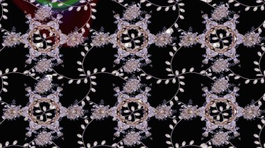 Raster Floral Illustration, Asyalı tekstil. Siyah renkli etnik çiçeklerle zarif eskiz deseni.