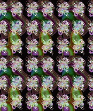 Raster Floral Illustration, Asyalı tekstil. Kahverengi ve yeşil renklerde etnik çiçeklerle kusursuz bir desen..