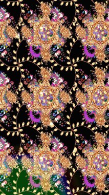 El çizimi çiçek çizimi deseni (fayans). Şirin çiçekli, desenli, siyah renkli renkli bir eskiz. Tekstil için suluboya çizim deseni.