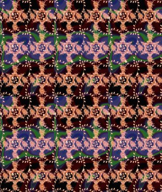 Raster illüstrasyonu. Kusursuz çiçek deseni. Kahverengi ve siyah renkli Asyalı tekstil.