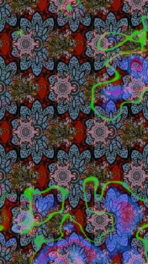 Moda baskıları için zarif bir şablon. Halk tarzı. Rengarenk çiçekleri ve doğal renklerde yaprakları olan harika bir çiçek deseni. Modern çiçek arkaplanı.