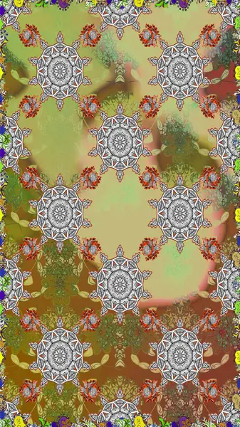 Raster Illustrasyon 'da moda olmayan çiçek deseni. Güzel kumaş deseni. Düz Çiçek Elementleri Tasarımı. Renkli Yaz Temalı Kusursuz Arkaplan.