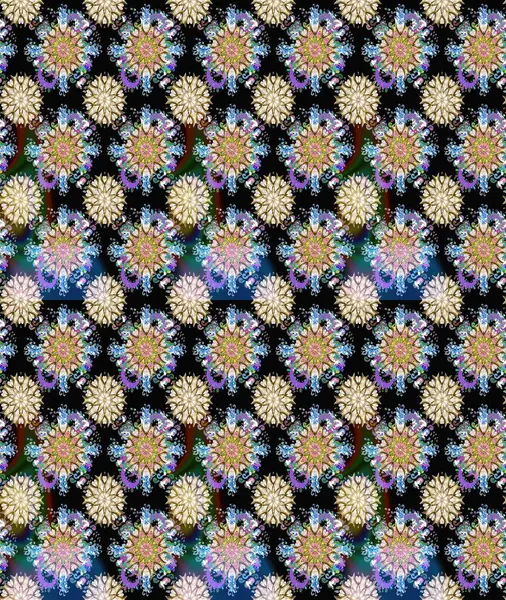 Çiçeksiz desenli arka plan, darbeler, sıçramalar, yaz çiçekleri. Raster illüstrasyonu. Siyah ve nötr renkte çiçekler.