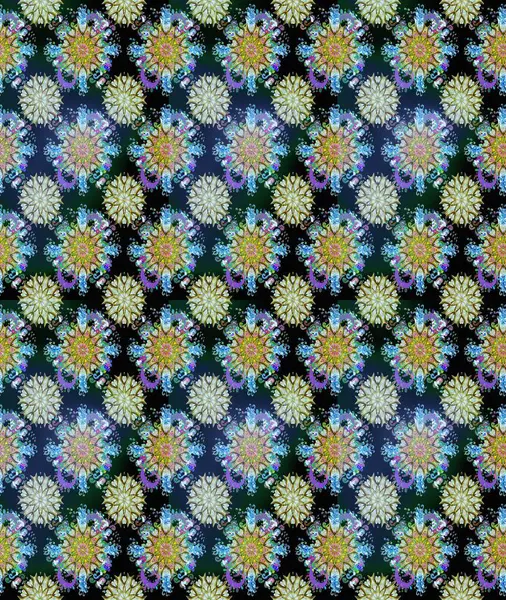 Renkli Yaz Temalı Kusursuz Arkaplan. Mavi ve nötr renklerde çiçekler. Raster Illustrasyon 'da moda olmayan çiçek deseni. Düz Çiçek Elementleri Tasarımı.