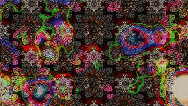 Parlak renkli çiçekli ve siyah yapraklı harika bir çiçek deseni. Moda baskıları için zarif bir şablon. Modern çiçek arkaplanı. Halk stili.