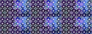 Halk tarzı. Moda baskıları için zarif bir şablon. Parlak renkli çiçekleri ve mor ve mavi renkli yaprakları olan harika bir çiçek deseni. Modern çiçek arkaplanı.