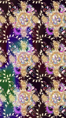 Çiçek desenli çizim. Raster illüstrasyonu. Asya tekstil tarzında. Bej renkli çiçekler. Raster illüstrasyonu.