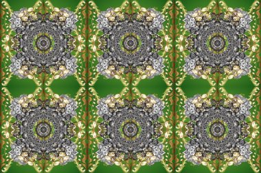 Doku arka planında altın duvar kâğıdı. Altın element gri, yeşil ve nötr renklerde. Damask kusursuz yinelenen arkaplan. Barok tarzında altın çiçekli süs..