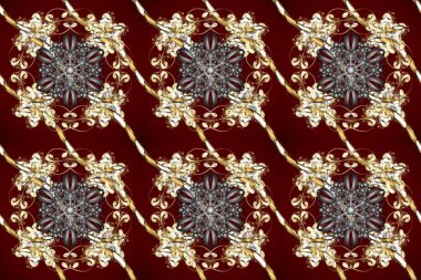 Damask kusursuz yinelenen arkaplan. Barok tarzında altın çiçekli süs. Doku arka planında altın duvar kâğıdı. Kahverengi, kırmızı ve bej renklerde altın element.