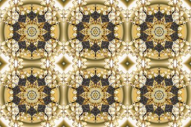 Kahverengi, bej ve nötr renklerde altın elementlerle kusursuz desen. Raster oryantal süs. Kusursuz altın desen.