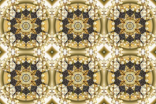 Kahverengi, bej ve nötr renklerde altın elementlerle kusursuz desen. Raster oryantal süs. Kusursuz altın desen.