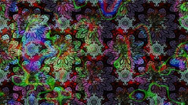 Çok renkli, zarif küçük çiçekler ve siyah renkli komik böcekler, raster desen, illüstrasyon..