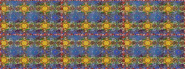 Çiçekler. Soyut etnik raster kusursuz desen. Vadinin çiçekleri kahverengi ve mavi renklerde.