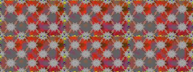 Renkli Bahar Temalı Kusursuz Arkaplan. Kusursuz çiçek deseni. Düz Çiçek Elementleri Tasarımı. Asya tekstil tarzında. Raster illüstrasyonu. Gri ve kahverengi renkte çiçekler.