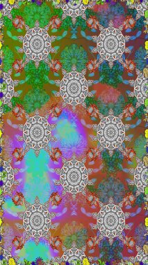 Düz Çiçek Elementleri Tasarımı. Süslü kumaş deseni. Renkli Bahar Temalı Kusursuz Arkaplan. Raster illüstrasyonunda kusursuz çiçek deseni.