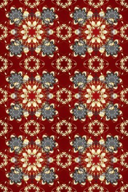 Lüks, kraliyet ve Viktorya dönemi konsepti. Raster klasik barok çiçeksiz altın desenli. Süslü dekorasyon. Altından elementlerle bej, kırmızı ve kahverengi renklerde altın desen.