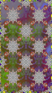 Gri ve kahverengi renkli çiçekler. Raster illüstrasyonu. Raster illüstrasyonu. Asya tekstil tarzında. Kusursuz çiçek deseni.