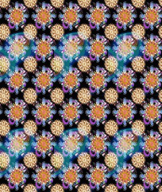Renkli grunge, soyut arkaplanı kolosiyah ve mavi çiçeklerle süslüyor. İşlemeli çiçekli, dikişsiz desen. İzler, kumaş, duvar kağıtları, tekstil için raster dokusu.