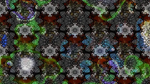 Çiçekli ipek eşarp. El çizimi çiçek unsurları olan soyut çizim raster deseni. 1950-1960 motifleri. Retro tekstil tasarım koleksiyonu. Gri üzerine gri.