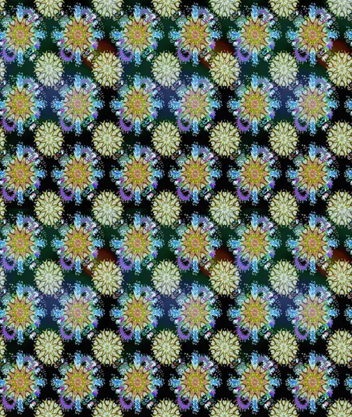 Vadinin çiçekleri tarafsız ve mavi renklerde. Soyut etnik raster kusursuz desen. Çiçekler..