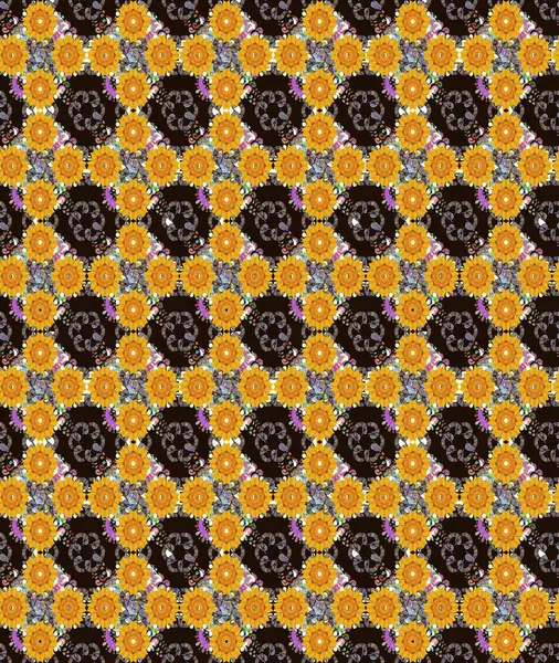 Düz Çiçek Elementleri Tasarımı. Çiçeksiz desenli arka plan, yaz çiçekleri. Sarı ve gri renkli çiçekler. Renkli Bahar Teması Kusursuz Arkaplan.