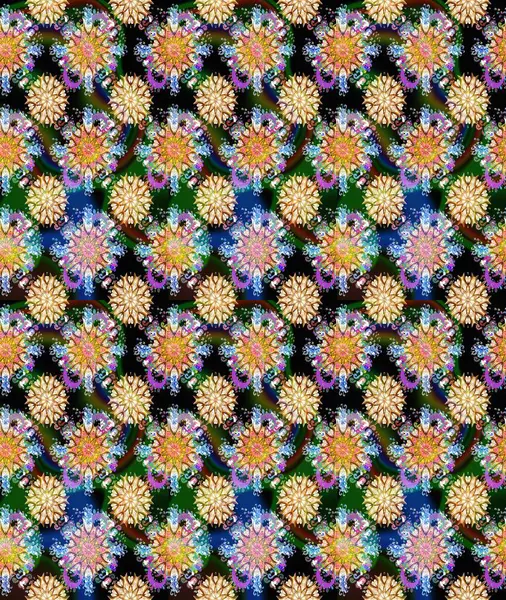 Raster illüstrasyonu. Çiçekli, suluboya desenli kusursuz çiçek deseni. Renkli Bahar Temalı Kusursuz Arkaplan. Mavi ve nötr renklerde çiçekler. Düz Çiçek Elementleri Tasarımı.